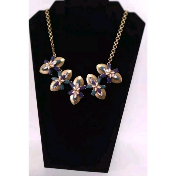 J. Crew Necklace Vintage Blue Purple Pink Rhinestones Statement Goldtone Signed - Picture 2 of 8